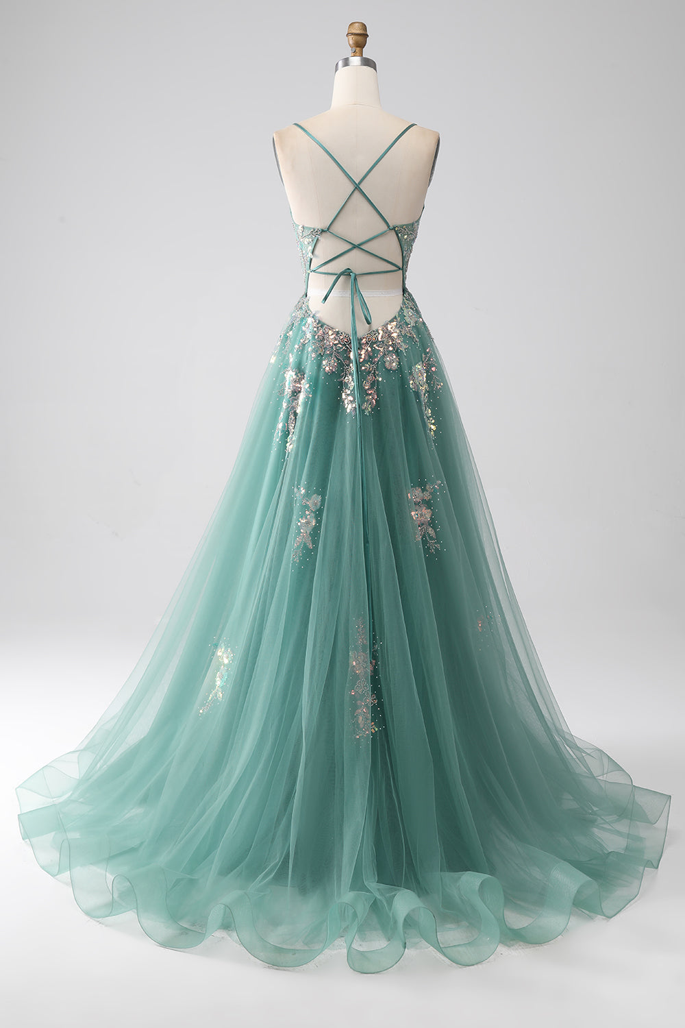 Sparkly Green A-Line Spaghetti Straps Long Prom Dress With Sequin Appliques