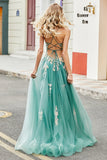 Sparkly Green A-Line Spaghetti Straps Long Prom Dress With Sequin Appliques
