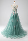 Sparkly Green A-Line Spaghetti Straps Long Prom Dress With Sequin Appliques
