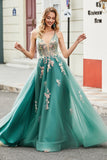 Sparkly Green A-Line Spaghetti Straps Long Prom Dress With Sequin Appliques