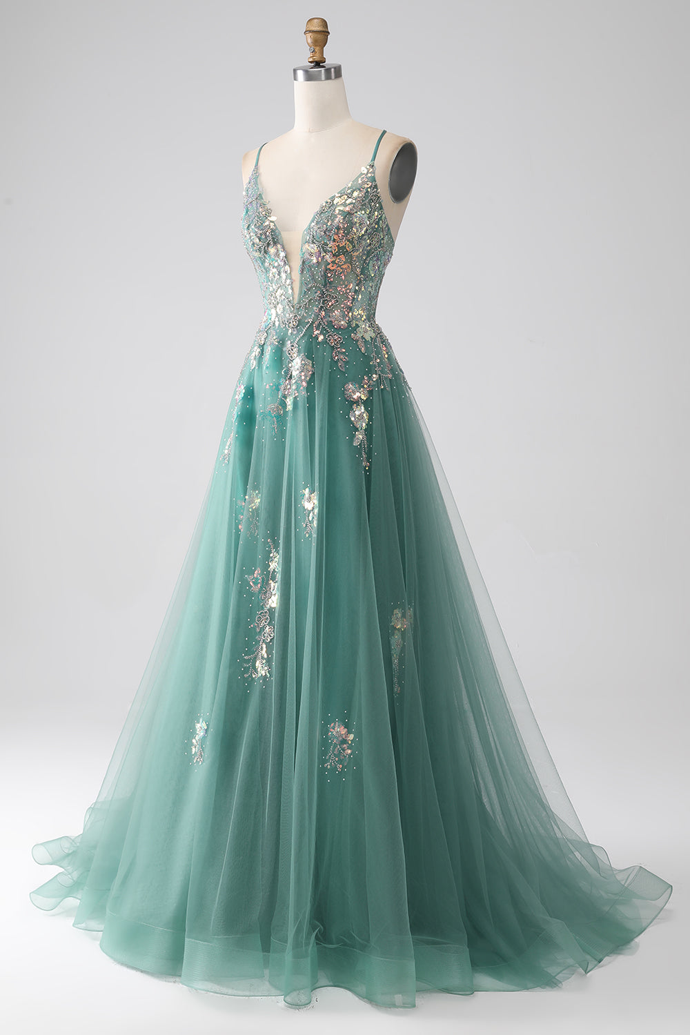 Sparkly Green A-Line Spaghetti Straps Long Prom Dress With Sequin Appliques