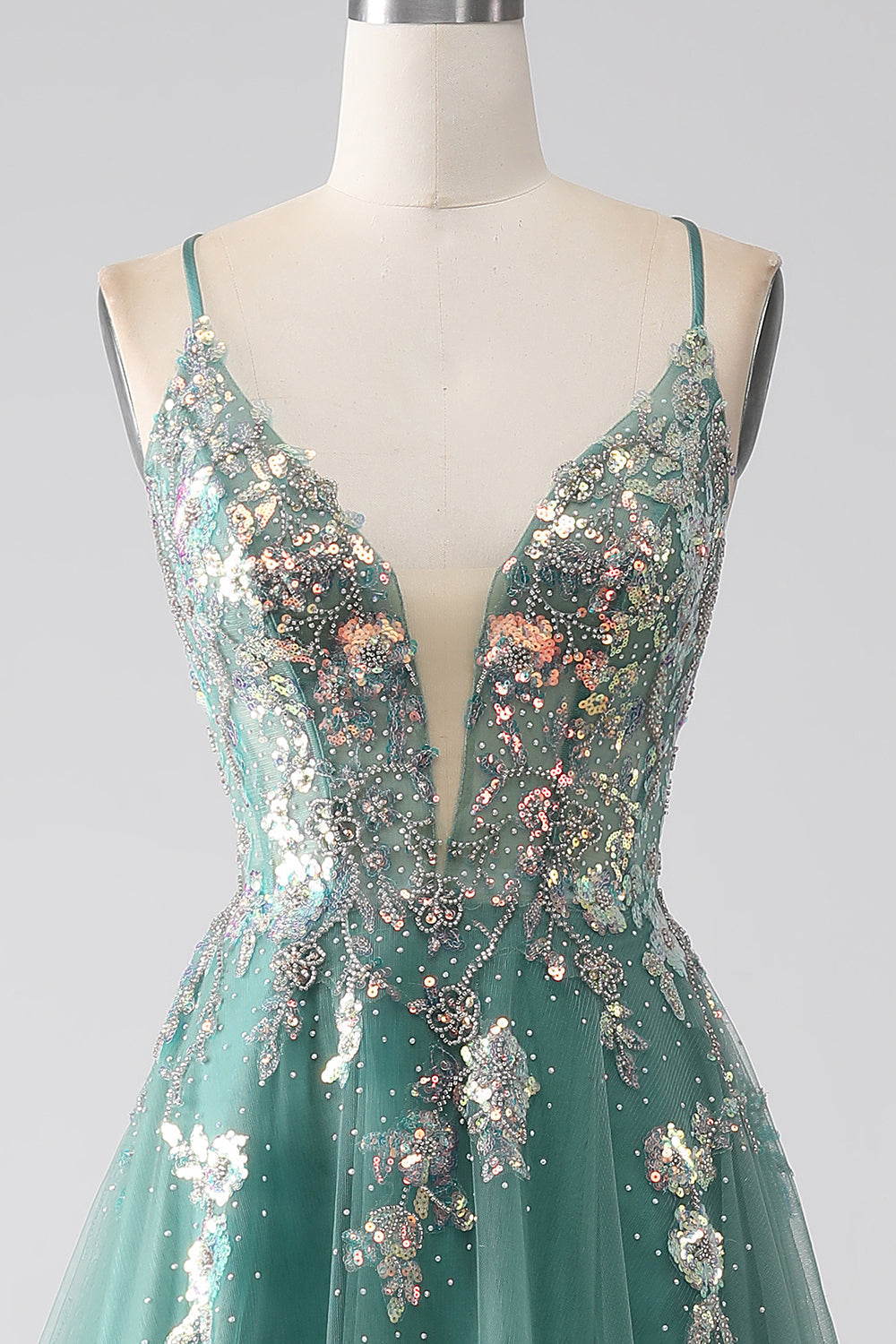 Sparkly Green A-Line Spaghetti Straps Long Prom Dress With Sequin Appliques