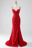 Red Beaded Lace Applique Mermaid Prom Dress With Slit