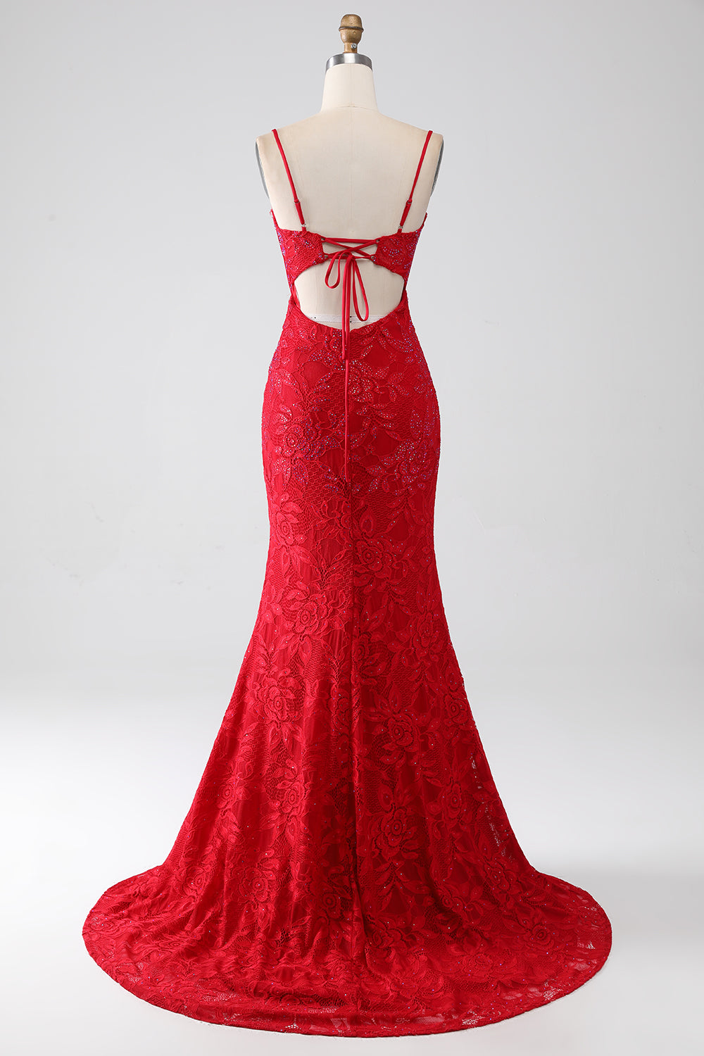 Red Beaded Lace Applique Mermaid Prom Dress With Slit