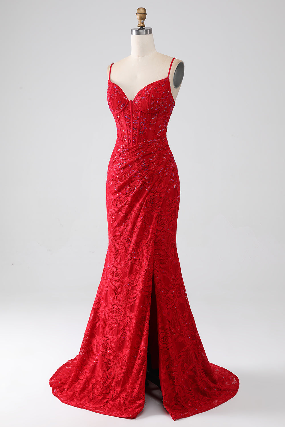 Red Beaded Lace Applique Mermaid Prom Dress With Slit