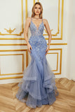 Grey Blue Mermaid Spaghetti Strap Beaded Backless Prom Dress With Appliques