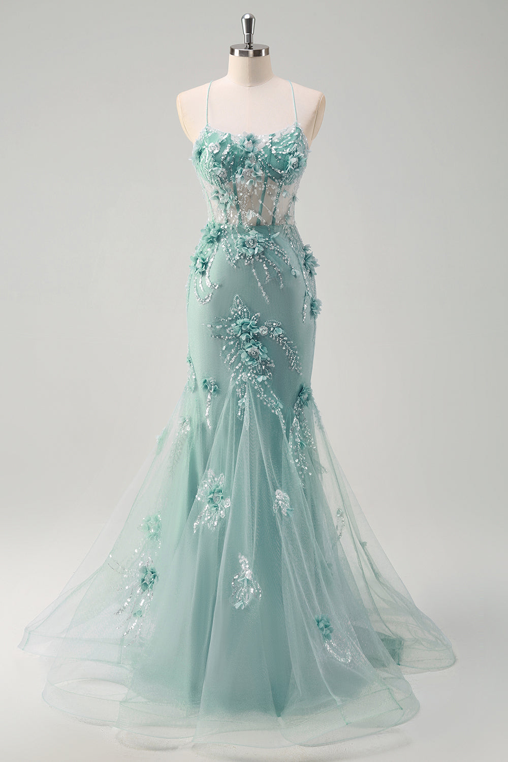 Blue Mermaid Spaghetti Straps Corset Long Prom Dress With Appliques