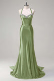 Sparkly Dark Green Mermaid Halter Corset Long Sequin Prom Dress
