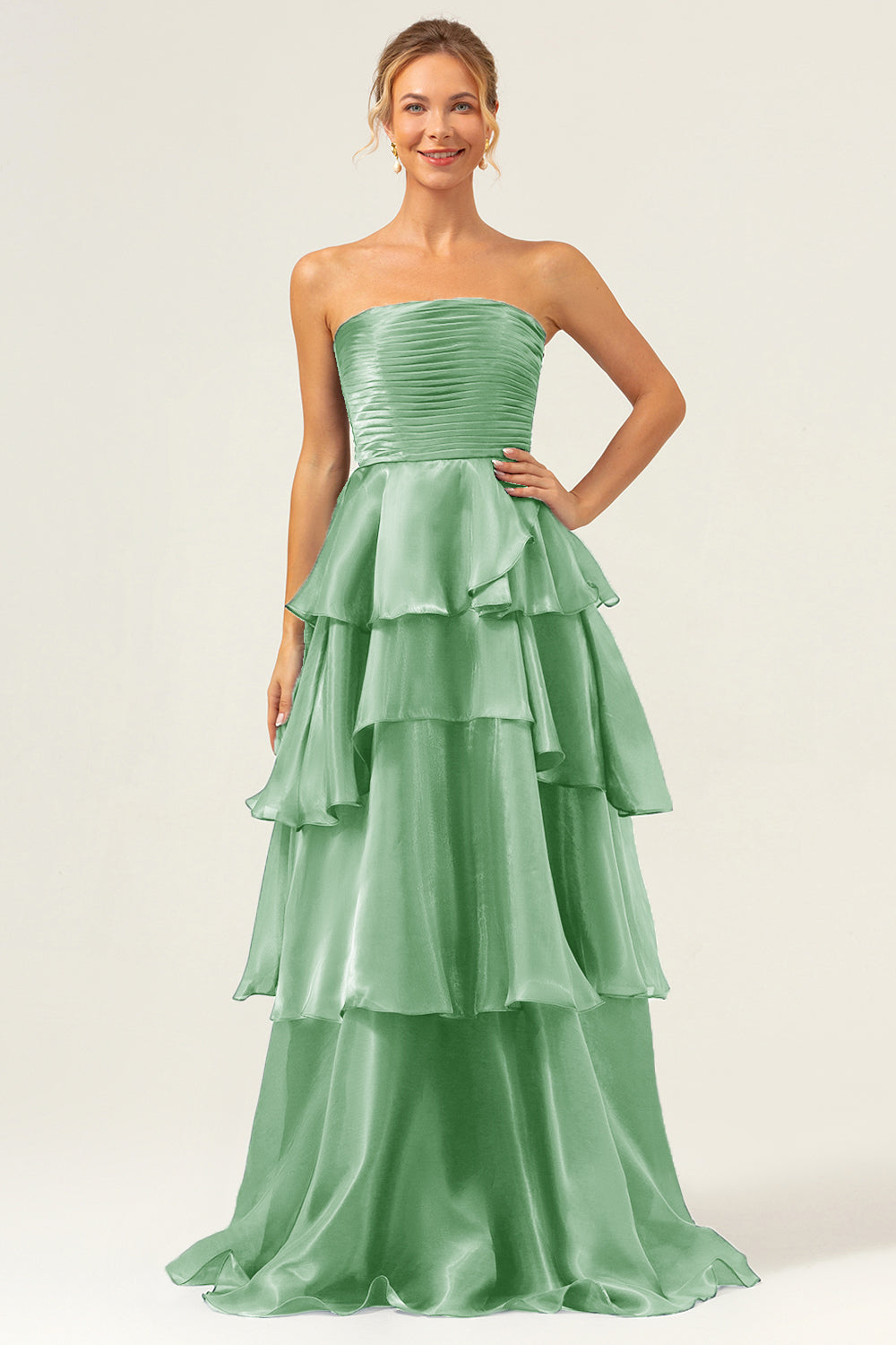 Blue A-Line Strapless Tiered Pleated Ruffled Floor Length Dress