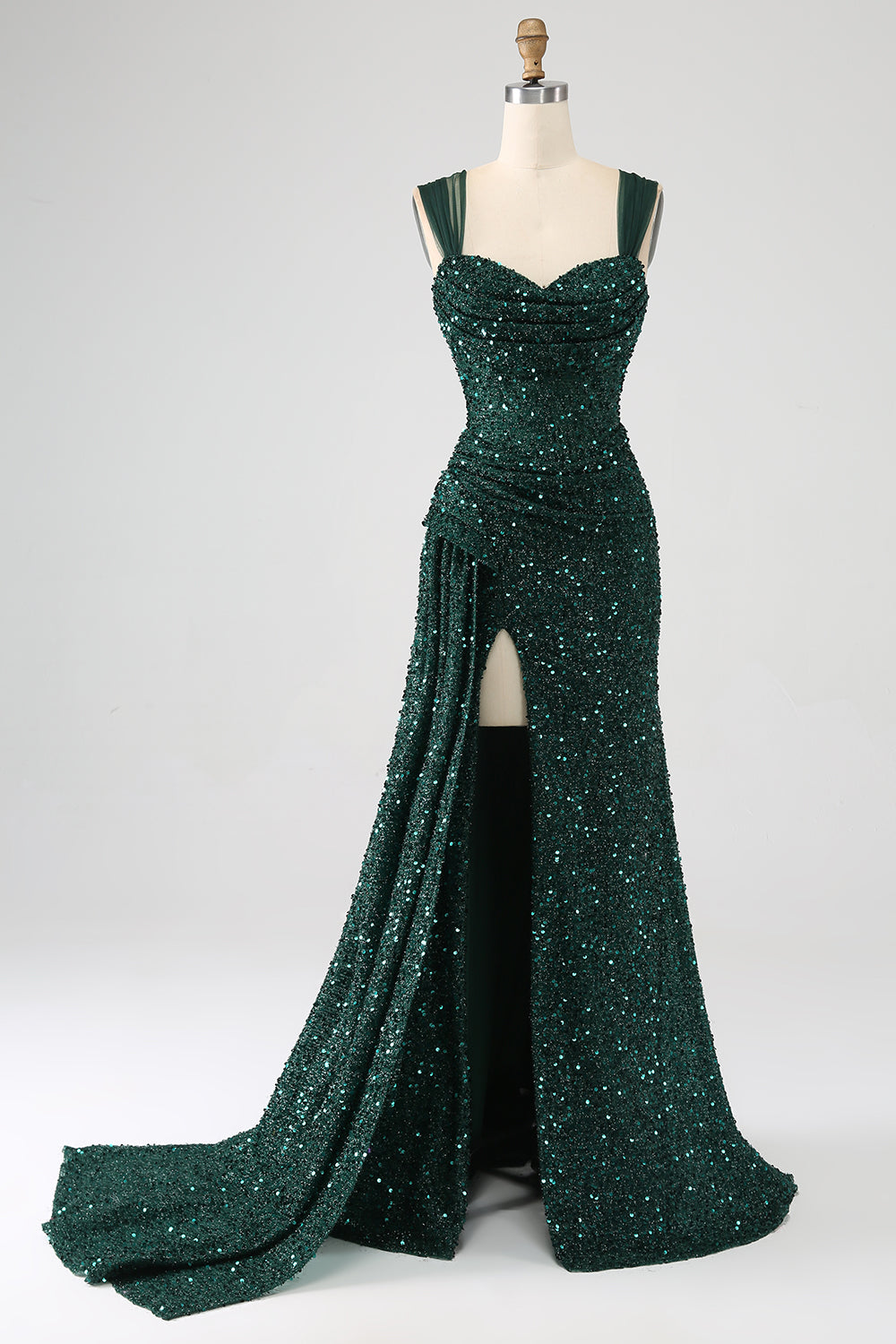 Sparkly Dark Green Sheath Sequin Long Prom Dress With Slit