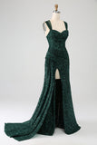Sparkly Dark Green Sheath Sequin Long Prom Dress With Slit
