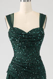 Sparkly Dark Green Sheath Sequin Long Prom Dress With Slit
