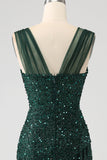 Sparkly Dark Green Sheath Sequin Long Prom Dress With Slit