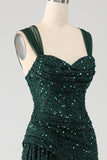 Sparkly Dark Green Sheath Sequin Long Prom Dress With Slit