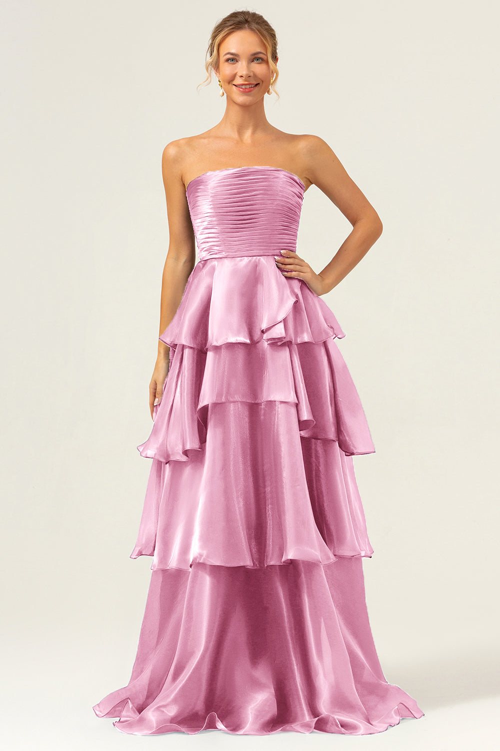 Dark Navy Strapless Tiered A Line Long Bridesmaid Dress