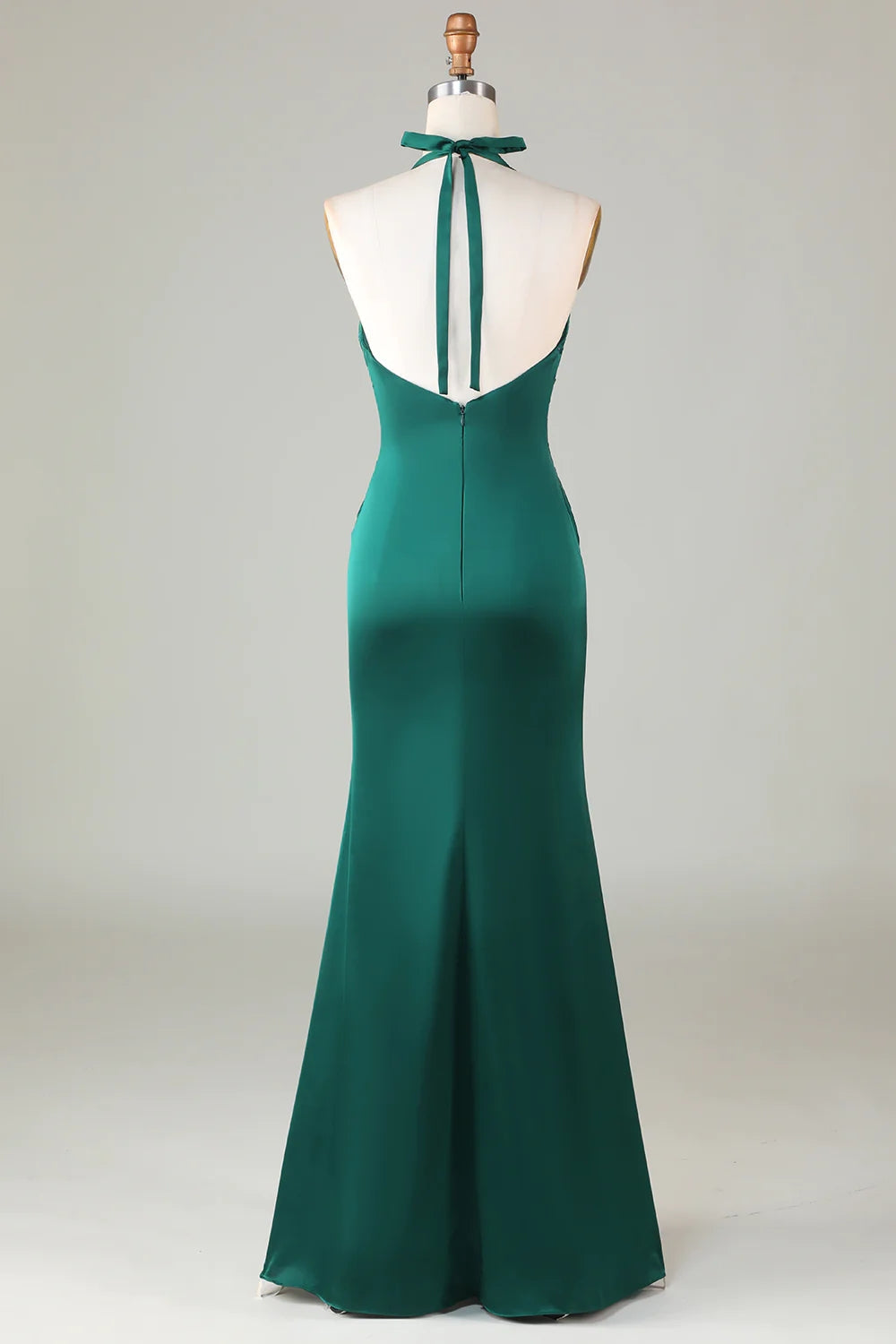 Dark Green Halter V Neck Open Back Satin Mermaid Long Bridesmaid Dress