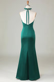 Dark Green Halter V Neck Open Back Satin Mermaid Long Bridesmaid Dress