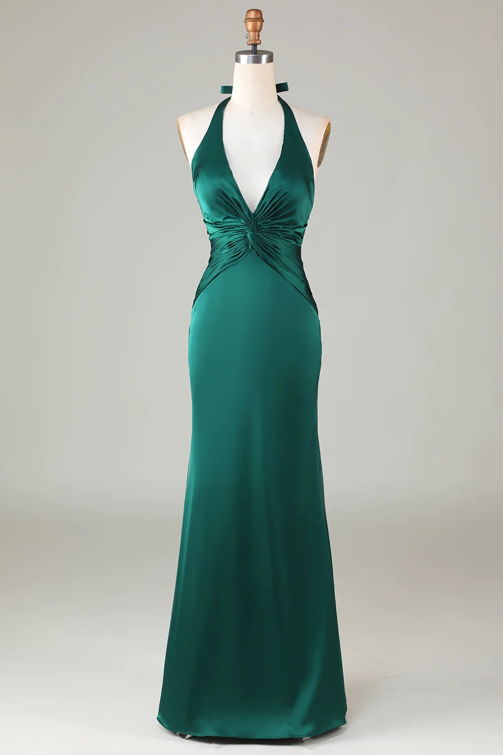 Dark Green Halter V Neck Open Back Satin Mermaid Long Bridesmaid Dress
