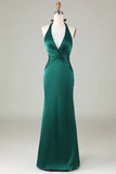 Dark Green Halter V Neck Open Back Satin Mermaid Long Bridesmaid Dress