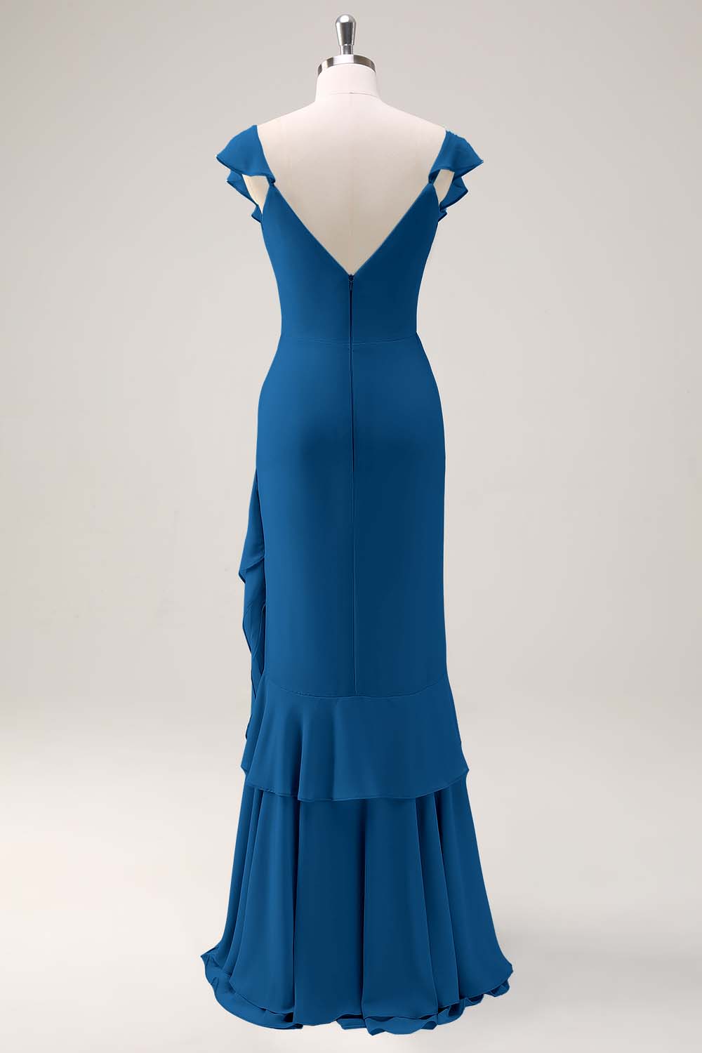 Dusty Sage Sheath V Neck Chiffon Long Bridesmaid Dress with Ruffles
