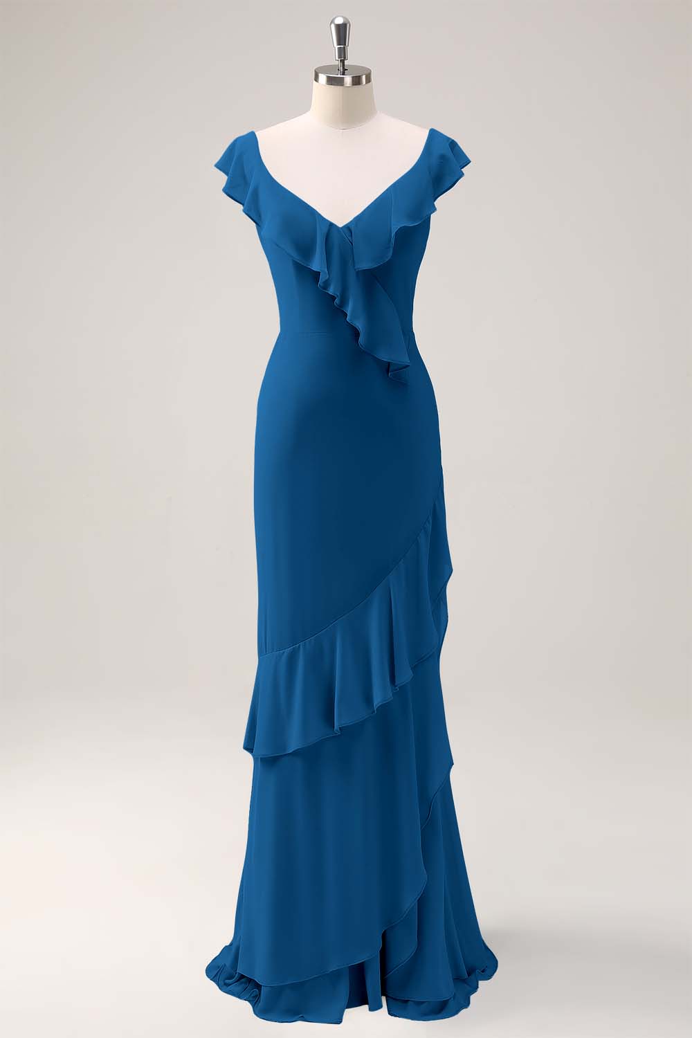 Dusty Sage Sheath V Neck Chiffon Long Bridesmaid Dress with Ruffles