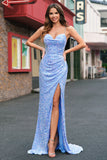 Sparkly Light Blue Mermaid Sequins Long Prom Dress with Slit