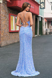 Sparkly Light Blue Mermaid Sequins Long Prom Dress with Slit