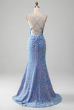 Sparkly Light Blue Mermaid Sequins Prom Dress with Slit