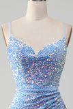 Sparkly Light Blue Mermaid Sequins Long Prom Dress with Slit