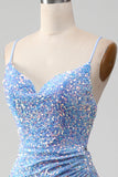 Sparkly Light Blue Mermaid Sequins Long Prom Dress with Slit