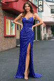 Sparkly Light Blue Mermaid Sequins Long Prom Dress with Slit