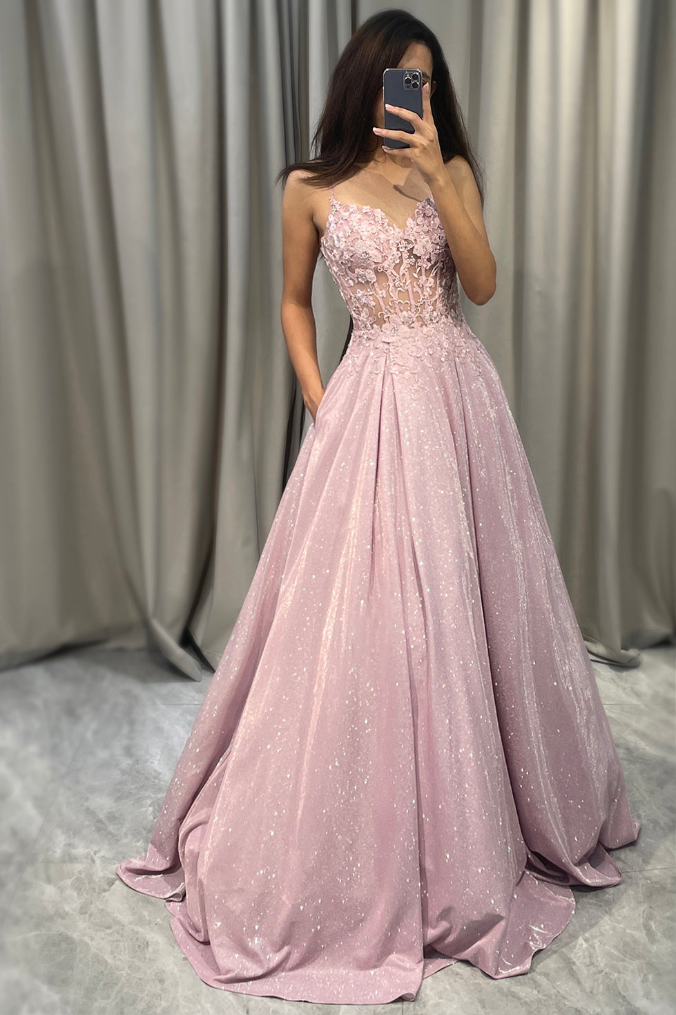 Sparkly Blush A Line Corset Prom Dress with Appliques
