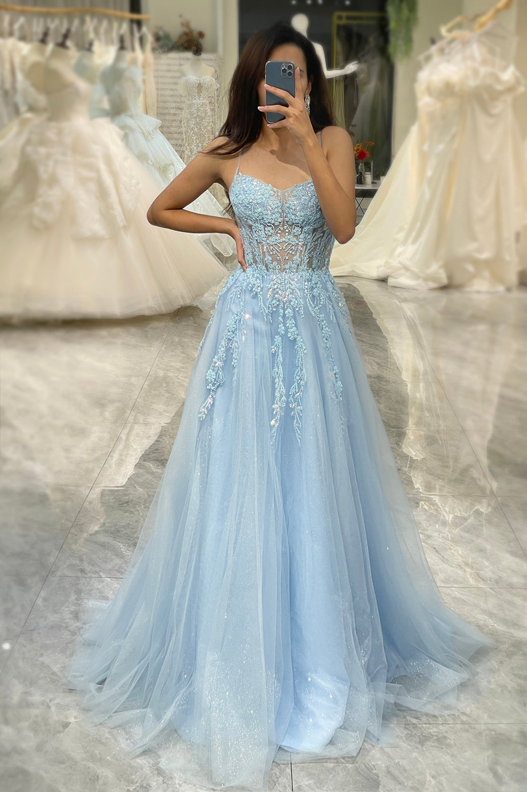 Blue Spaghetti Straps Tulle A Line Prom Dress with Appliques