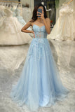 Blue Spaghetti Straps Tulle A Line Prom Dress with Appliques