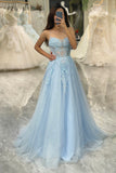 Blue Spaghetti Straps Tulle A Line Prom Dress with Appliques