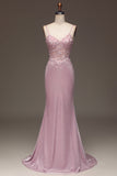 Trendy Mermaid Spaghetti Straps Blush Long Prom Dress with Beading