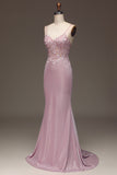Glitter Mermaid Blush Spaghetti Straps Long Prom Dress with Beading