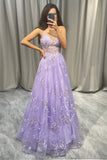A Line Lavender Spaghetti Straps Tulle Prom Dress with Appliques