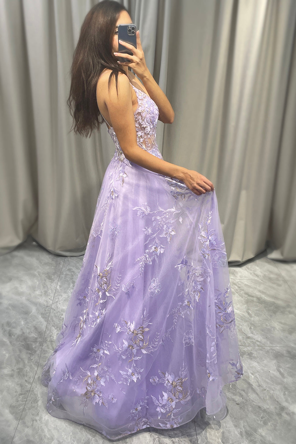 A Line Lavender Spaghetti Straps Tulle Prom Dress with Appliques