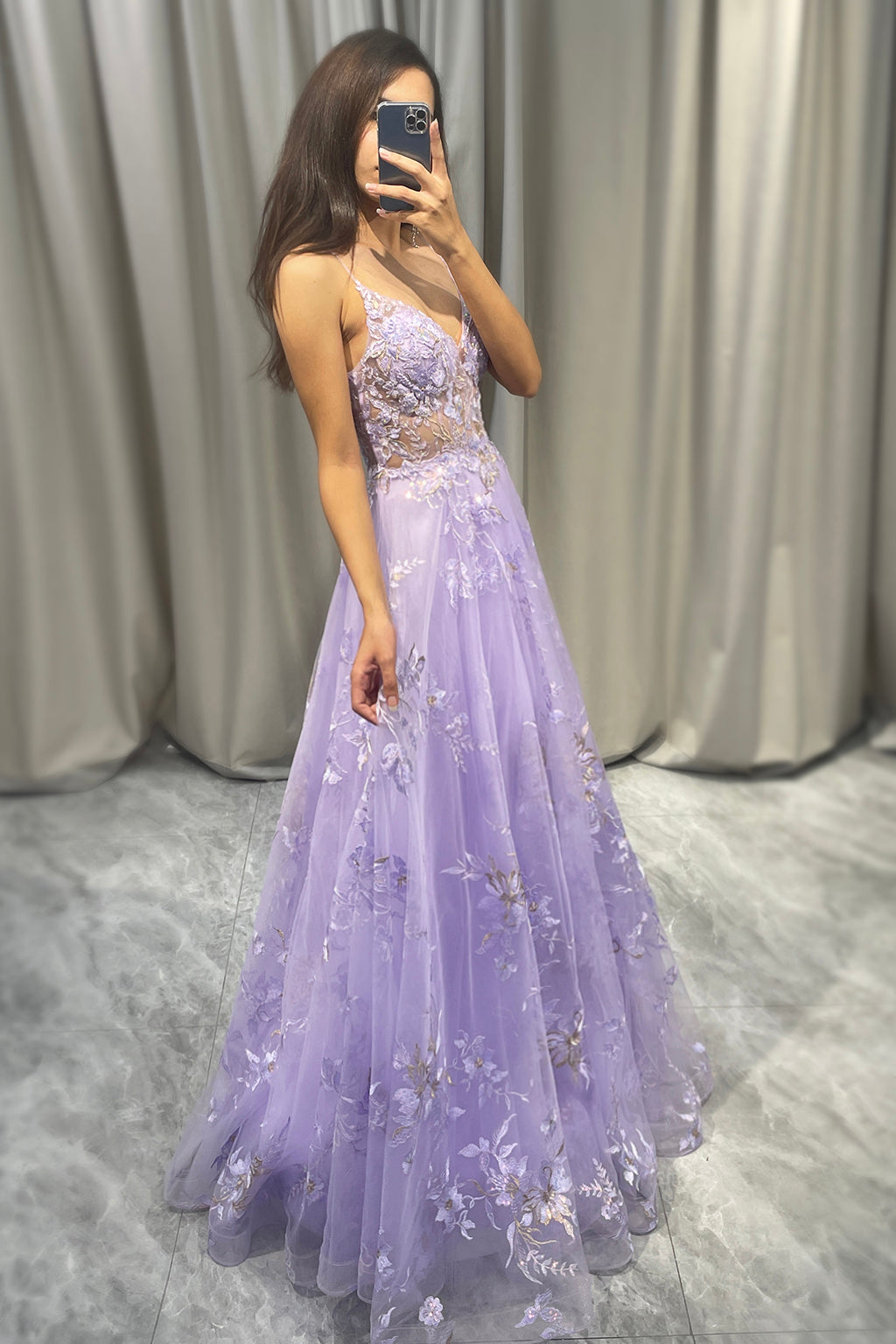 A Line Lavender Spaghetti Straps Tulle Prom Dress with Appliques