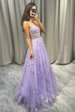 A Line Lavender Spaghetti Straps Tulle Prom Dress with Appliques