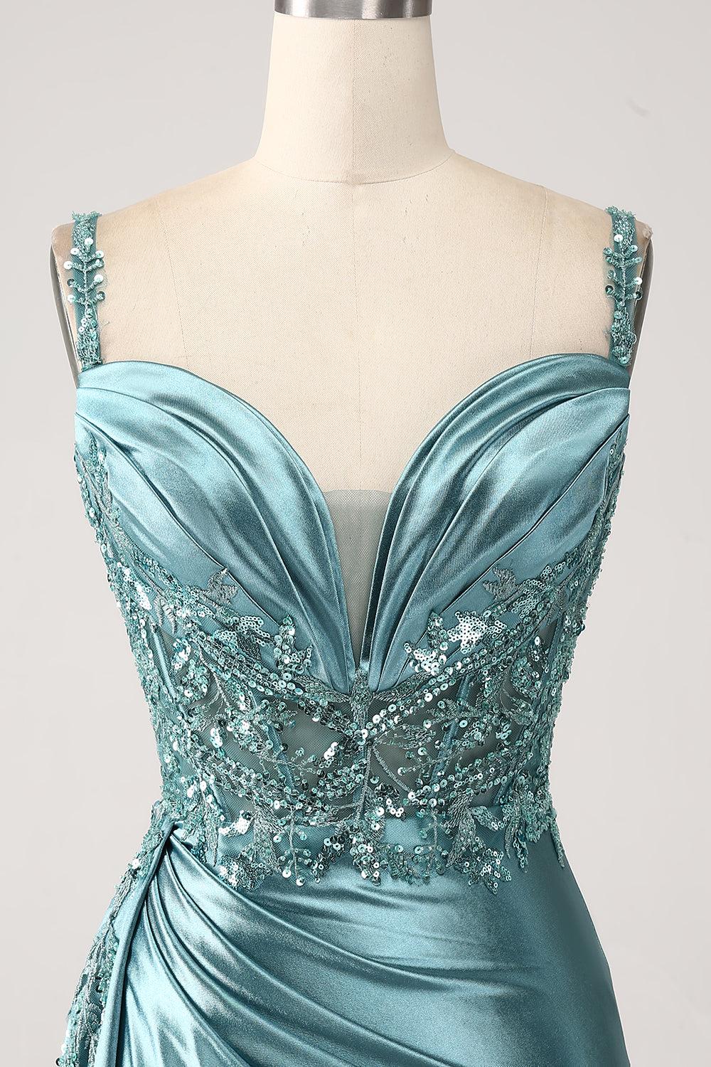 Champagne Mermaid Watteau Train Corset Sequins Satin Long Prom Dress with Slit
