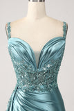 Champagne Mermaid Watteau Train Corset Sequins Satin Long Prom Dress with Slit