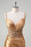 Champagne Mermaid Watteau Train Corset Sequins Satin Long Prom Dress with Slit