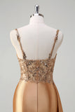 Champagne Mermaid Watteau Train Corset Sequins Satin Long Prom Dress with Slit