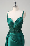 Champagne Mermaid Watteau Train Corset Sequins Satin Long Prom Dress with Slit