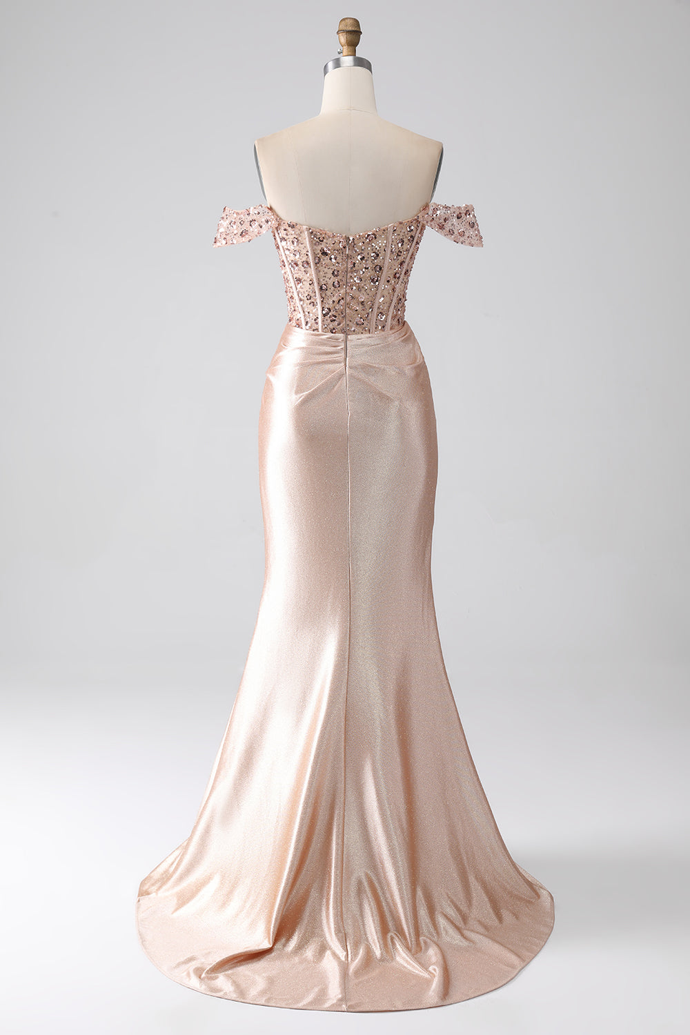 Sparkly Mermaid Champagne Off The Shoulder Corset Prom Dress with Slit