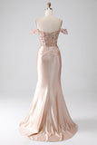 Sparkly Mermaid Champagne Off The Shoulder Corset Prom Dress with Slit