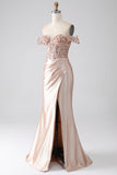Sparkly Mermaid Champagne Off The Shoulder Corset Prom Dress with Slit