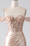 Sparkly Mermaid Champagne Off The Shoulder Corset Prom Dress with Slit